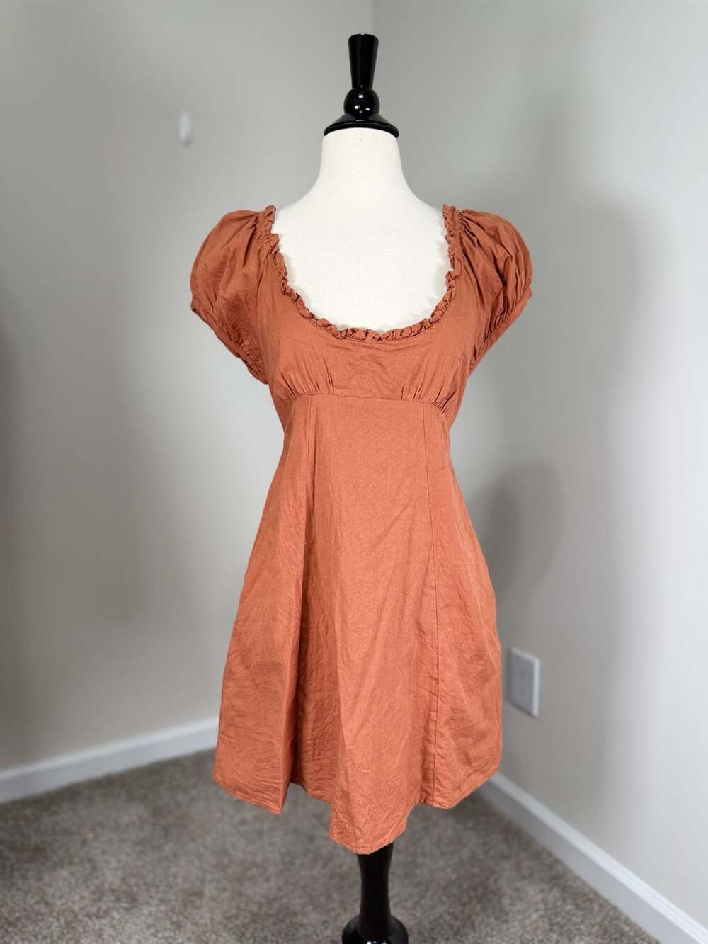 Free People Rust Orange Linen Blend Mini Dress Puff Sleeve Cottagecore Fall